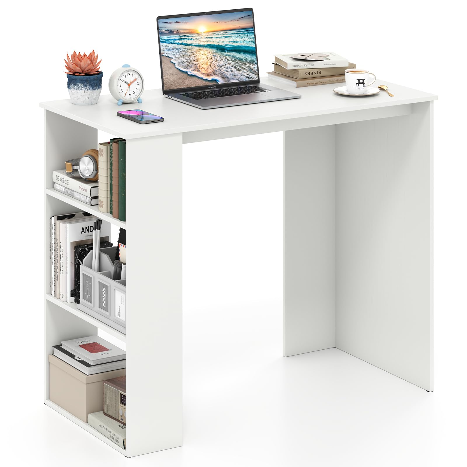Tangkula Small White Desk with 3-Tier Bookshelf
